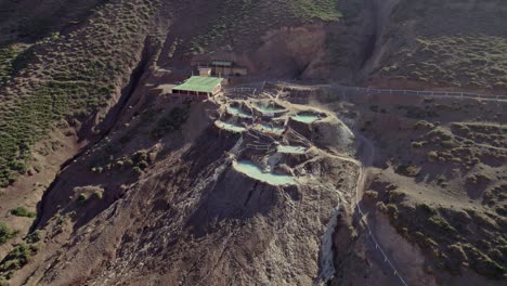 Valle-De-Aguas-Termales-Con-Piscinas-Minerales-Al-Aire-Libre---Termas-Valle-De-Colina-En-Chile---Retroceso-Aéreo