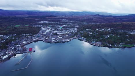 Gloomy-harbour-Oban-resort-town-Scotland-aerial