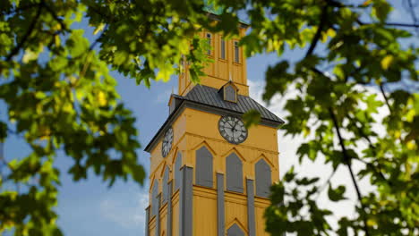 Close-up-Tromso-Cathedral-exterior-and-church-clock-tower-in-Norway