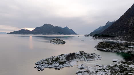 beautiful-aerial-drone-over-Lofoten,-Northern-Norway,-rocky-coastline