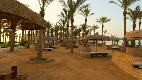 Luxus-Sandstrand-Mit-Liegestühlen-Und-Sonnenschirmen-Und-Palmen-Im-Tropischen-Resort-Am-Roten-Meer