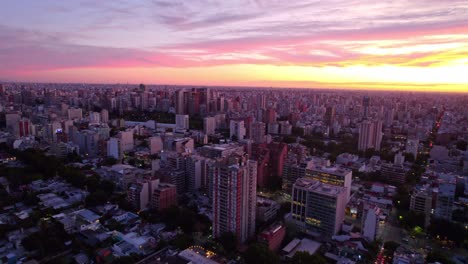 Drone-flyover-Núñez-neighborhood-skyline-at-sunset,-Buenos-Aires-cityscape