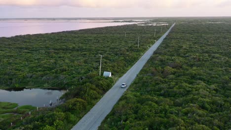 car-driving-into-the-sunset-on-a-long-empty-road-surrounded-by-lush-greenery-and-lake-in-Las-Coloradas-Mexico,-aerial