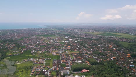 Aerial-view-of-Gianyar-cityscapes,-Bali.-one-story-building