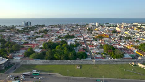 side-drone-shot-of-the-city-of-campeche-and-its-fortress