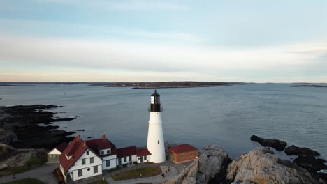 Aerial-View-of-Portland-Head-Light,-Historic-Lighthouse-on-Cape-Elizabeth,-Maine-USA