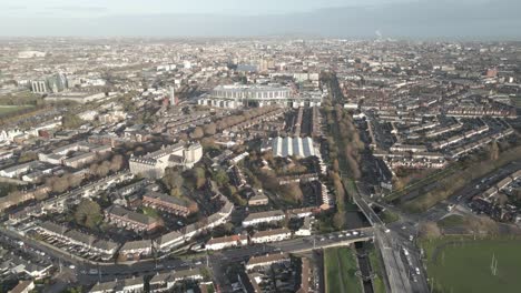 Aerial-Panorama-Of-Dublin-City-On-Late-Winter-Evening-With-A-Distant-View-Of-The-New-Children's-Hospital-At-Located-Beside-St