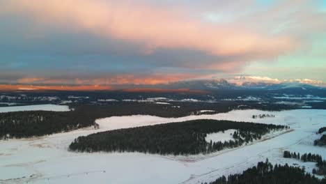Die-Kanadischen-Rocky-Mountains-Im-Winter:-Eine-Sonnenuntergangsluftaufnahme-Eines-Verschneiten-Waldes