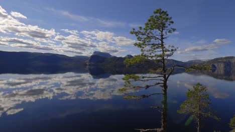Mountain-Range-cloud-reflection-on-crystal-clear-Nissedal-Lake-tree-foreground