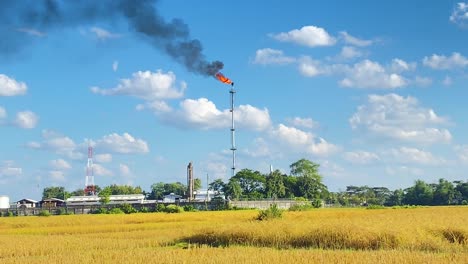 Refinery-burning-gas-plant-in-rural-area-with-agriculture-fields,-handheld-view