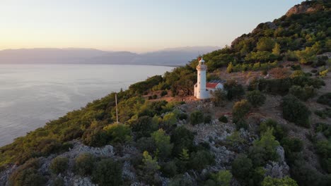 Aerial-View,-Gelidonya-Lighthouse-and-Scenic-Turkish-Coastline-on-Mediterranean-Sea-at-Sunset
