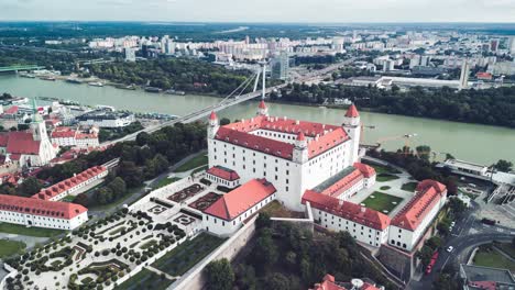 Crane-Shot-Of-Distinctive-Bratislava-Castle-Architectural-Design,-Slovakia,-Europe