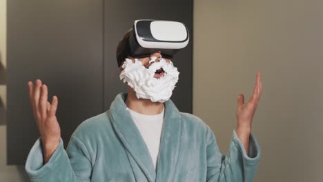 Portrait-of-a-man-wearing-virtual-reality-glasses-with-a-fake-beard-made-of-shaving-foam
