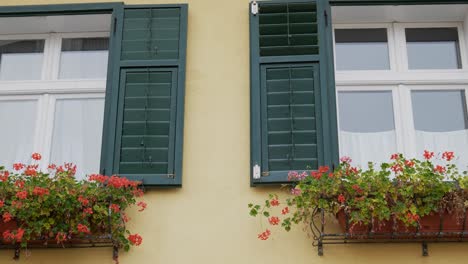 Offene-Grüne-Fensterläden-Des-Beigen-Gebäudes-Zur-Tageszeit