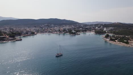Panoramic-aerial-view-over-Ksamil-coastal-resort-in-Albania,-Ionian-coastline