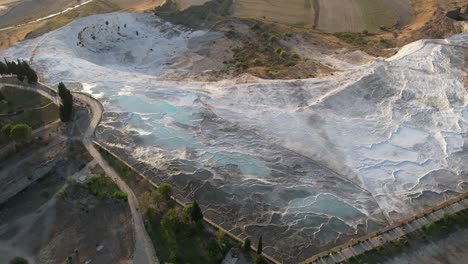 Aerial-View-of-Pamukkale,-Turkey,-White-Travertine-Hills,-Terraces,-Pools-and-People-on-Tourist-Attraction