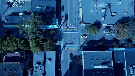 Davie-Street-Rainbow-crosswalk-top-Birds-eye-view-summer-sunny-people-light-traffic-crossing-Bute-Jim-Deva-Plaza-Hamburger-Mary's-QMUNITY-BC-Queer-Trans-and-Two-Spirit-Resource-Centre