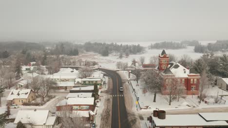 Aerial,-empty-small-suburban-town-in-the-United-States-during-winter