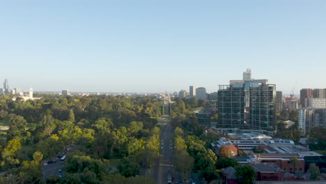 Tracking-drone-aerial-moving-towards-Melbourne's-Shrine-of-Remembrance