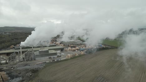 Smokestack-Emitting-Smoke-In-Sawmill-Plant-In-Portlaoise,-Ireland