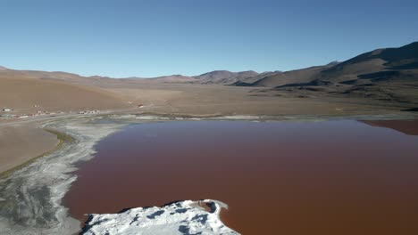 Red-Salt-Lake,-Laguna-Colorada,-Cinematic-Lagoon,-Aerial-Above-Bolivia,-Potosi,-Natural-Wonder-Reserve,-Altiplano-Wetland