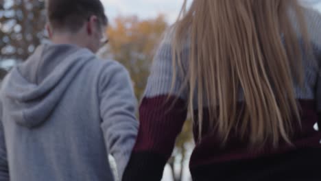 A-young-blonde-haired-couple-in-love-hold-hands-as-they-walk-down-the-autumn-streets
