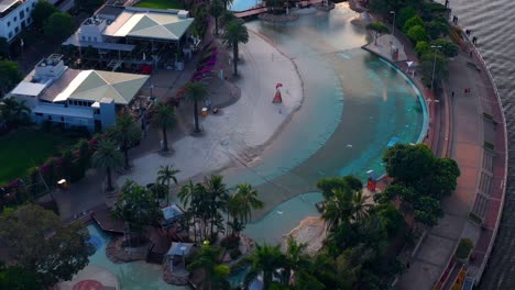 Aerial-shot-of-an-Empty-public-swimming-pool-in-South-Bank,-Brisbane,-Australia-during-Covid19-pandemic
