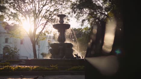 Cinematic-shot-of-a-pigeon-landing-on-Mermaid-Fountain-in-Guatemala,-foreground-leading-lines-and-bokeh-at-sunset