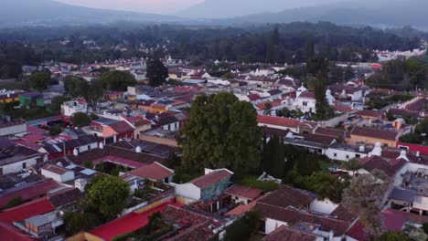 Wide-aerial-drone-shot-of-massive-tree-peaking-through-rooftops-at-sunrise-in-Antigua,-Guatemala,-with-Acatenango-and-Fuego-volcanos-visible