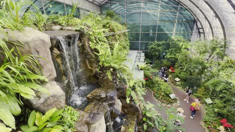 High-angle-shot-over-an-artifical-waterfall-surrounded-by-green-vegetation-which-is-the-house-of-variety-of-butterfly