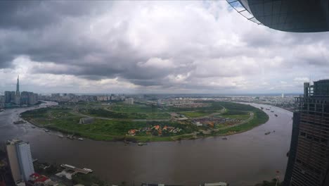 Timelapse-of-clouds-moving-over-the-saigon-river-from-highrise-skyscraper-view-in-ho-chi-mihn-city