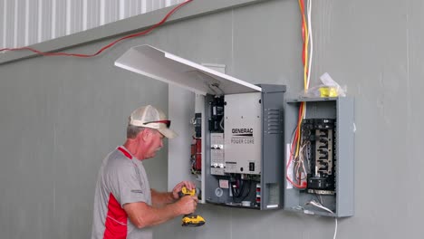 Technician-using-a-drill-and-level-to-hang-the-power-transfer-station-for-a-Generac-solar-home-backup-power-system