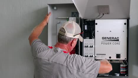Technician-using-a-tape-measure-to-ensure-transfer-station-is-square-with-power-station-for-a-Generac-solar-home-backup-power-system