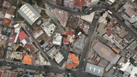 Aerial-Street-View-of-La-Paz,-Bolivia,-Houses,-Roads,-Cars-and-Traffic,-Flying-Above-the-Capital-of-South-American-Metropolitan-Crowded-Town