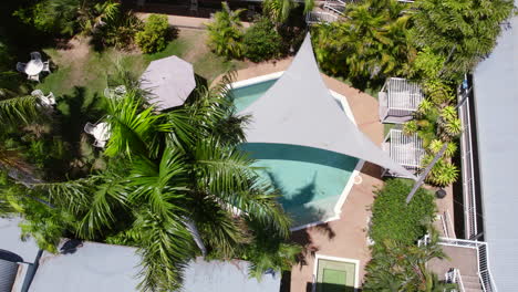 Aerial-Drone-Luxurious-Property-Birds-eye-view-of-round-outdoor-pool-Tropical-greenery-palm-trees-grey-shade-sail,-outdoor-seating-entertainment-area,-sun-lounge,-shade-umbrella