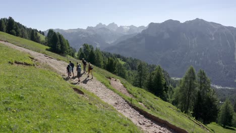 Aerial-orbit-shot-showing-group-of-hiker-walking-uphill-stony-path-in-Dolomites-during-sunlight