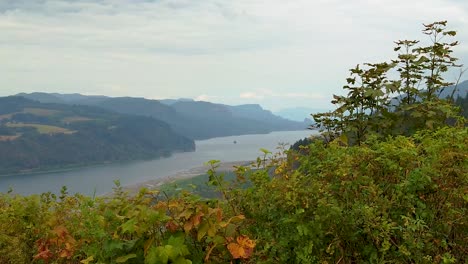 HD-Scrape-right-to-left-along-autumn-hedges-to-reveal-the-Vista-House-on-a-cliff-in-the-distance-overlooking-the-Columbia-River-with-mostly-cloudy-sky-take-two