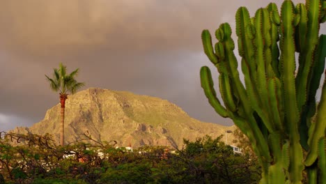 Beautiful-timelapse-of-fast-moving-clouds-at-Las-Americas-,-distant-mountain,-golden-hour-light-before-the-sunset,-vegetation-in-foreground,-medium-shot