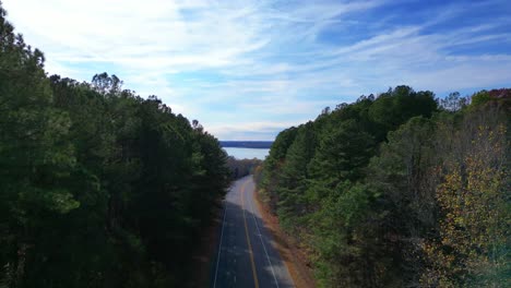 Aerial-footage-of-Highway-76,-leading-to-beautiful-Paris-Landing-in-Tennessee