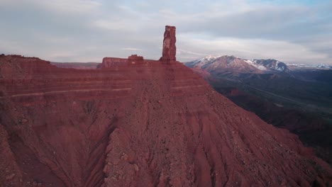 Drone-Footage-of-Castleton-Tower-and-the-La-Sal-Mountains-Aerial-shot-of-the-beautiful-dessert-landscape