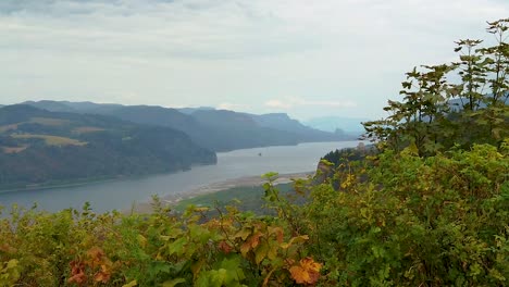 HD-Scrape-right-to-left-along-autumn-hedges-to-reveal-the-Vista-House-on-a-cliff-in-the-distance-overlooking-the-Columbia-River-with-mostly-cloudy-sky-take-three