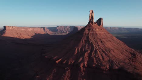 Drone-Footage-of-Castleton-Tower-and-the-La-Sal-Mountains-Nature-Aerial-Footage-Desert,-nature,-landscape,-sand-dunes,-cacti,-rock-formations,-canyons,-mountains,-arid,-hot,-dry,-rugged,-wild,-barren