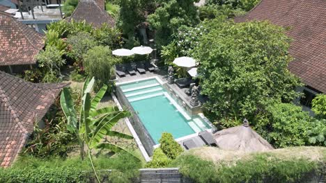 Drone-view-of-Villa-pool-in-Sukowati,-Gianyar