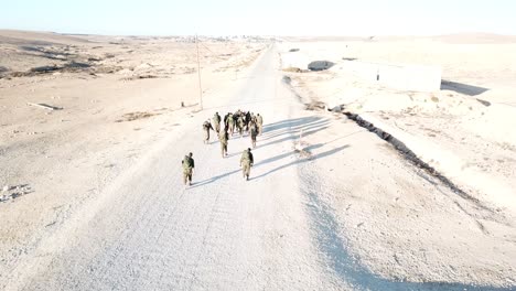 Drohnenansicht-Von-Soldatentruppen,-Die-Während-Einer-Militäroperation-In-Der-Wüste-Vorwärts-Gehen