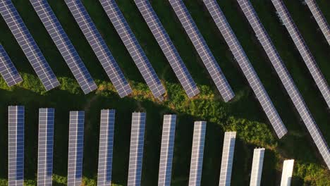 Top-down-aerial-of-Photovoltaic-Solar-Panel-Power-Station-farm,-zoom-in