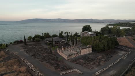 Aerial-footage-of-ancient-ruins-of-caperneum-near-sea-of-galilee