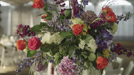 Close-up-of-flower-bouquet-arrangement-on-a-wedding-banquet-dining-table