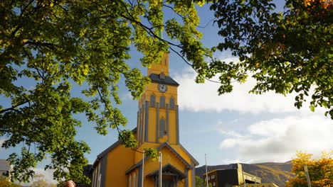 Exterior-shot-of-Tromso-Cathedral-during-autumn-season-in-Norway