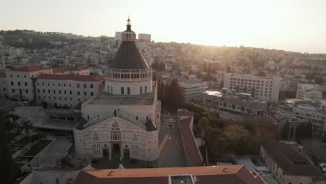 Aerial-View-of-the-Basilica-of-the-Annunciation-in-Nazareth-at-sunrise