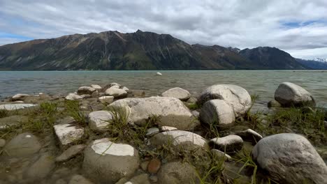 Rocks-at-the-shore-of-Lake-Tekapo,-New-Zealand-with-rugged-mountain-in-background